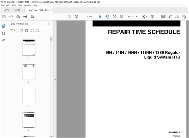 Ag Chem 984 1184 984H 1184H 1386 RoGator Liquid System Repair Time Schedule Manual AG334913A – PDF 