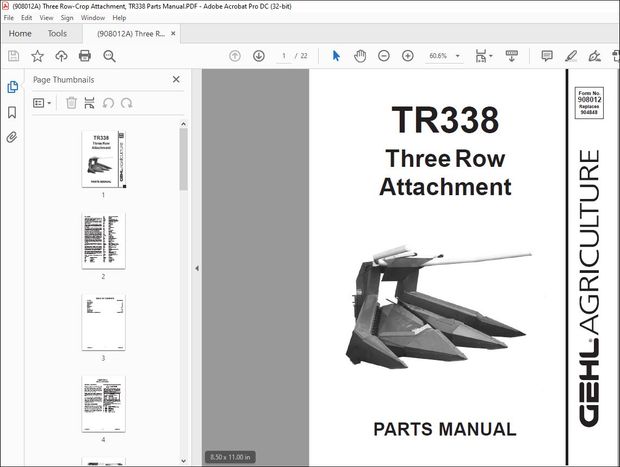 Gehl Three Row-Crop Attachment, TR338 Parts Manual 908012A)- PDF DOWNLOAD