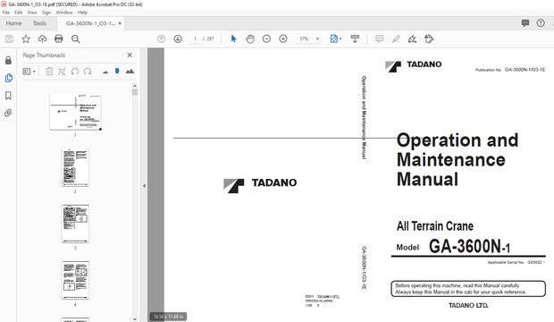 Tadano All Terrain Crane GA-3600N-1 Operation &amp; Maintenance Manual – PDF DOWNLOAD