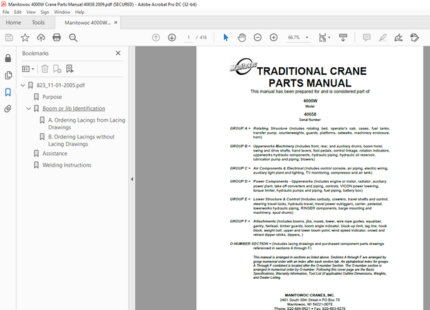 Manitowoc Traditional Crane 4000W Parts Manual SN 40658 PDF
