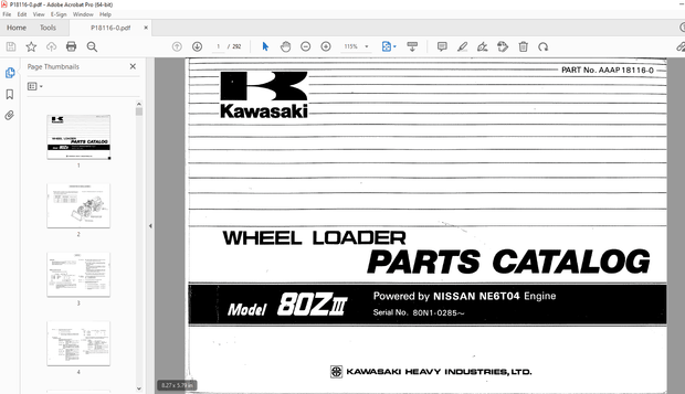 Kawasaki 80ZIII Wheel Loader(NISSAN NE6T04 Engine)Parts Manual- PDF DOWNLOAD