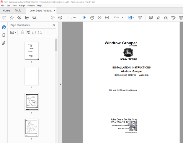 John Deere Windrow Grouper INCC400236B 530 &amp; 535 Mower-Conditioners Installation Manual PDF