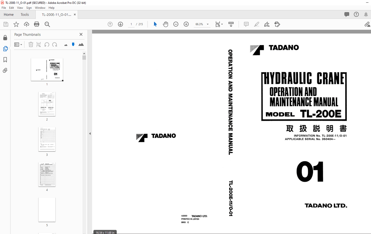 Tadano HYDRAULIC CRANE TL-200E OPERATION AND MAINTENANCE MANUAL PDF