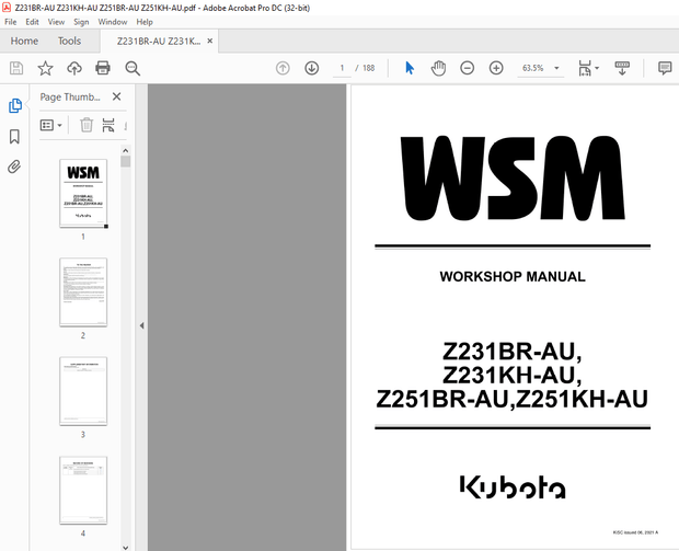 Kubota Zero Turn Mower Z231BR-AU Z231KH-AU 2251 BR-AU 2251 KH-AU Workshop Manual – PDF DOWNLOAD