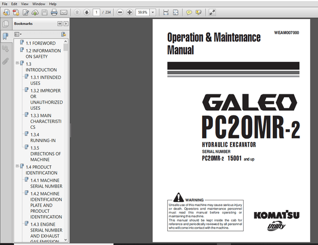 Komatsu PC20MR-2 Galeo Hydraulic Excavator Operation &amp; Maintenance Manual (15001 and up) PDF