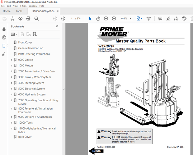 BT-Prime Mover WSX20 WSX25 Electric Walkie Adjustable Straddle Stacker Parts Manual - PDF DOWNLOAD