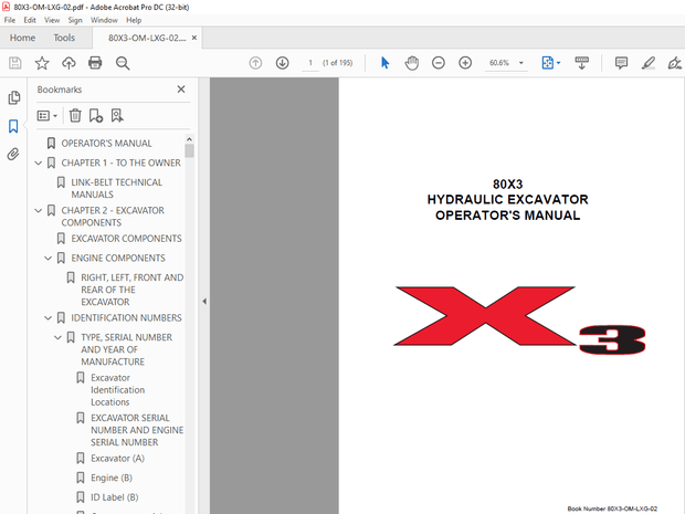 Linkbelt 80X3 HYDRAULIC EXCAVATOR OPERATOR&#x27;S MANUAL - PDF DOWNLOAD