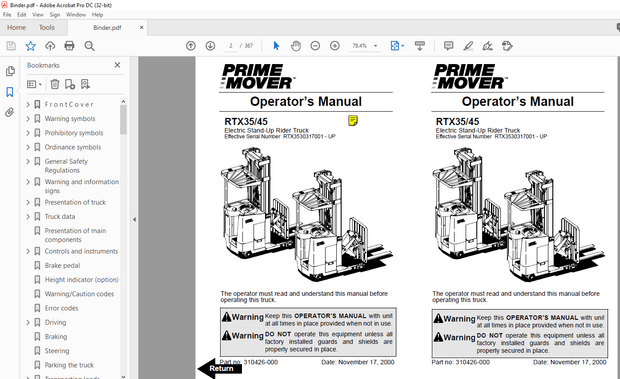 BT Prime-Mover Forklift RTX35/45 Electric Stand-Up Rider Truck Operator’s Manual
