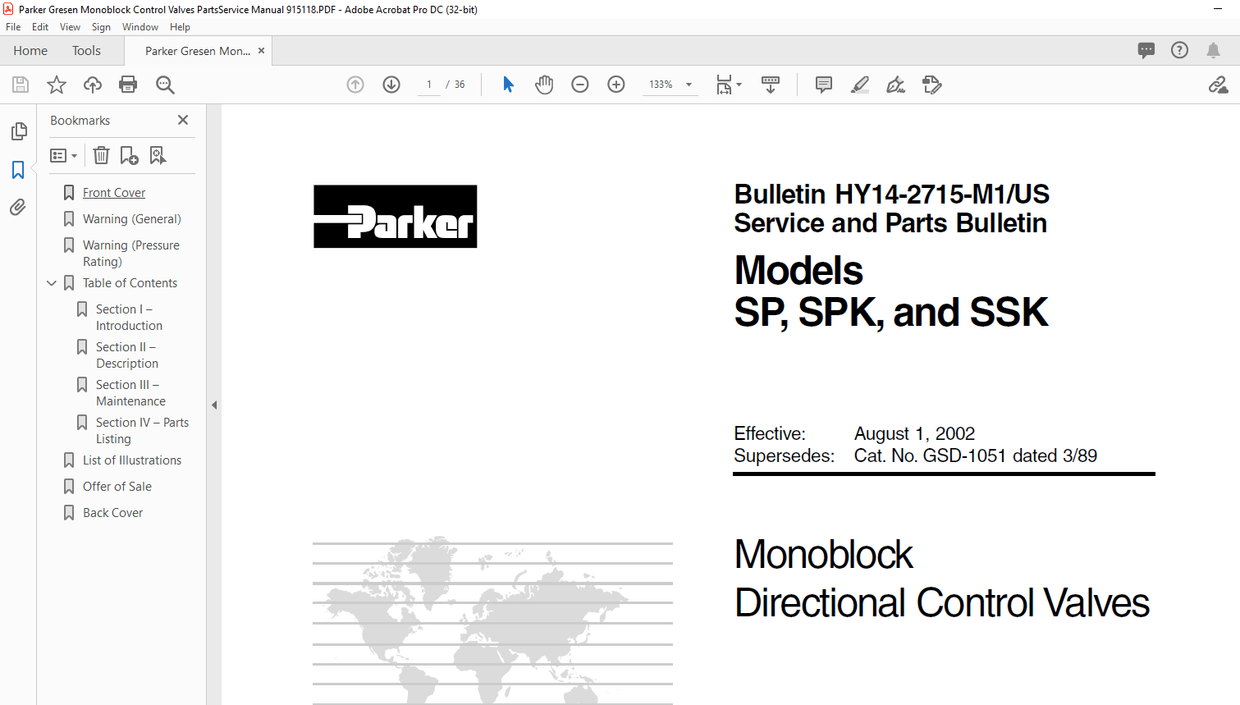 Parker SP SPK & SSK Gresen Monoblock Control Valves PartsService Manual ...