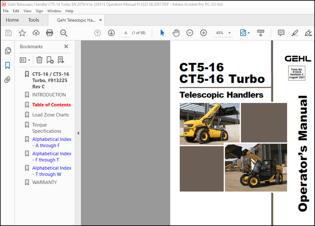 Gehl CT5-16 CT5-16 Turbo Telescopic Handler Operator’s Manual 913225 – PDF DOWNLOAD
