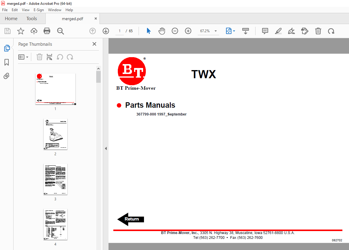 BT Prime-Mover TWX Electric Walkie Tow Tractor Parts Manual - PDF DOWNLOAD