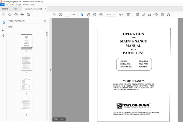 Taylor-Dunn B2-38,B2-48 Operation &amp; Maintenance With Parts Manual S.NO 54833-74781 - PDF DOWNLOAD
