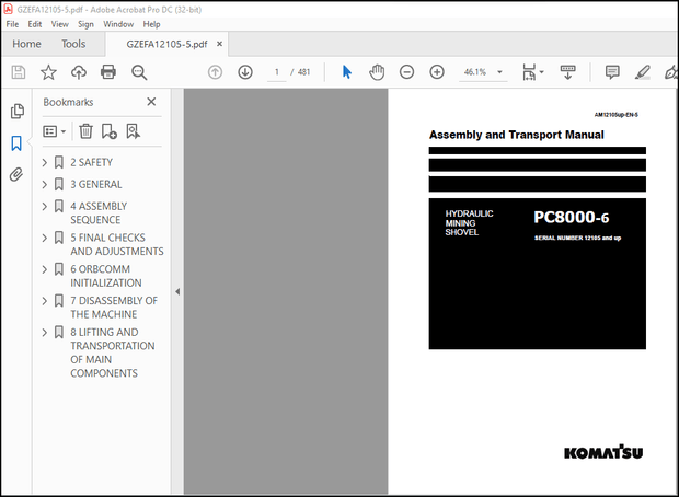 Komatsu HYDRAULIC MINING SHOVEL PC8000-6 Assembly and Transport Manual(AM12105up ) – PDF DOWNLOAD
