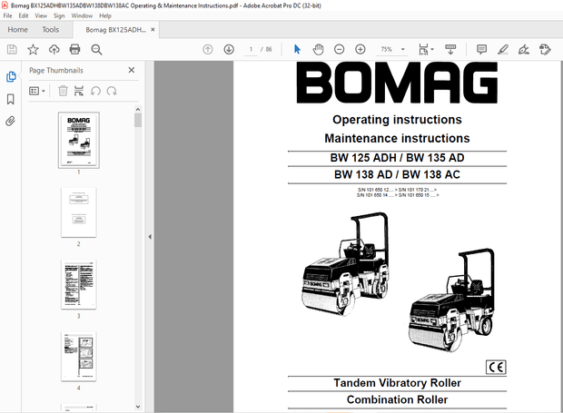 Bomag BW 125 ADH BW 135 AD BW 138 AD BW 138 AC Roller Operating instructions Manual 00813801 PDF 