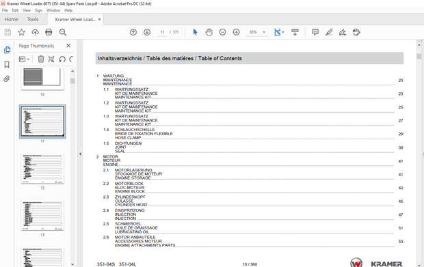 KRAMER Wheel loader 8075 8075L Spare Parts List Manual SN351040001 – PDF DOWNLOAD