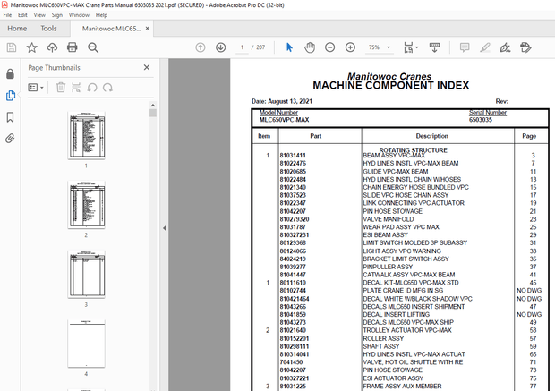 Manitowoc Crane MLC650VPC-MAX Parts Manual SN 6503035 – PDF DOWNLOAD