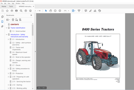 Massey Ferguson 8450-8460-8470-8480 8400 Series Tractors Operator Instruction Manual - PDF 