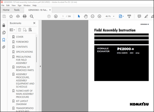 Komatsu PC2000-8 Hydraulic Excavator Field Assembly Instruction Manual GEN00060-18 – PDF DOWNLOAD