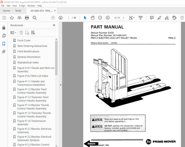 BT Prime-Mover PMX-2 Electric Low Lift Pallet Truck Parts Manual - PDF DOWNLOAD