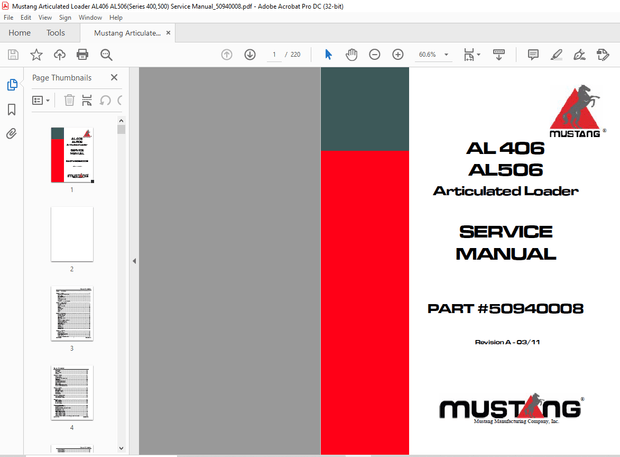 Mustang Articulated Loader AL 406 AL 506 Service Manual(50940008) – PDF DOWNLOAD