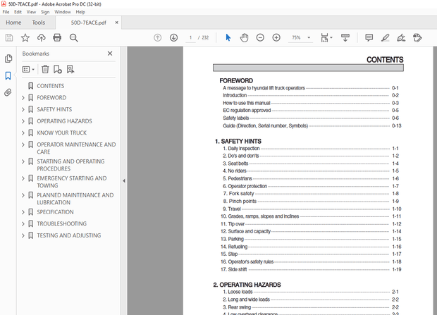Hyundai 50/60/70/80D-7E ACE Forklift Operator’s Manual 2023 PDF DOWNLOAD