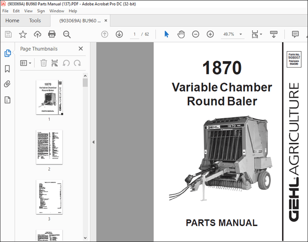 Gehl 1870 Variable Chamber Round Baler Parts Manual(908007) – PDF DOWNLOAD