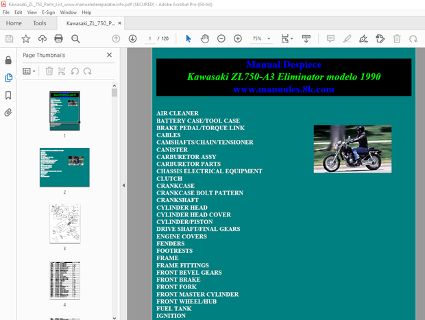 Kawasaki ZL750-A3 Eliminator modelo 1990 Parts Manual - PDF DOWNLOAD