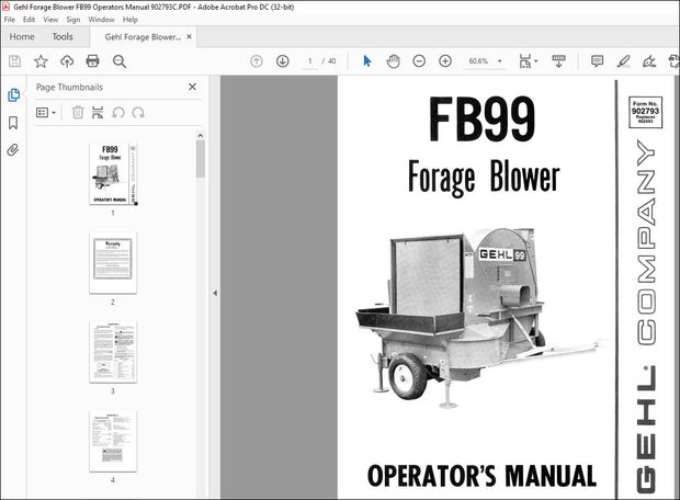 Gehl Forage Blower FB99 Operators Manual 902793C – PDF DOWNLOAD