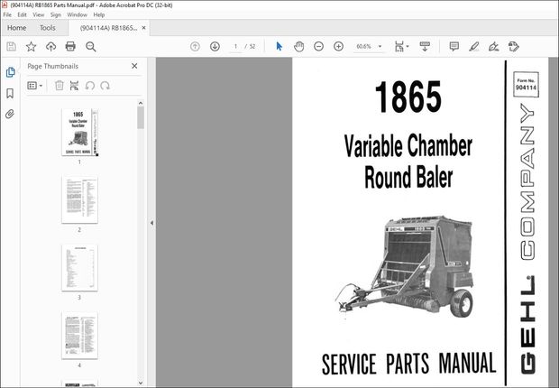Gehl Variable Chamber Round Baler 1865 Service Parts Manual(904114) – PDF DOWNLOAD