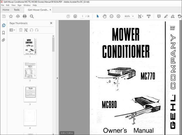 Gehl Mower Conditioner MC770, MC880 Owner’s Manual 901825A – PDF DOWNLOAD