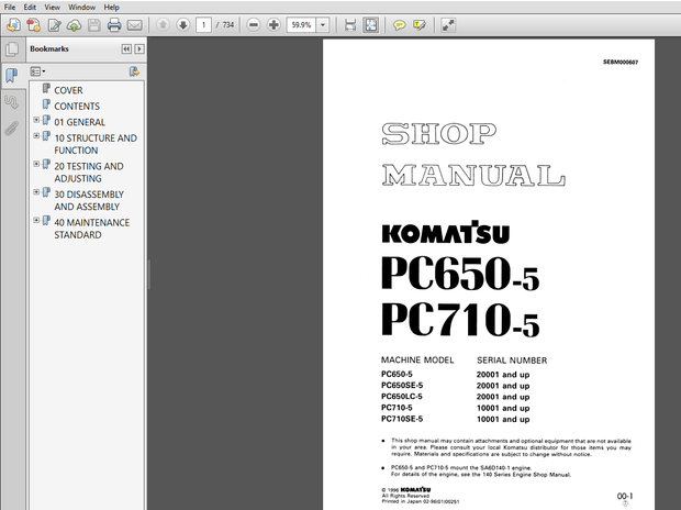 Komatsu PC650-5, PC650SE-5, PC650LC-5, PC710-5, PC710SE-5 Hydraulic Excavator Shop Manual PDF