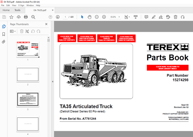 Terex TA35 Articulated Truck (Detroit Diesel Series 60 Powered) Parts Manual - PDF DOWNLOAD 