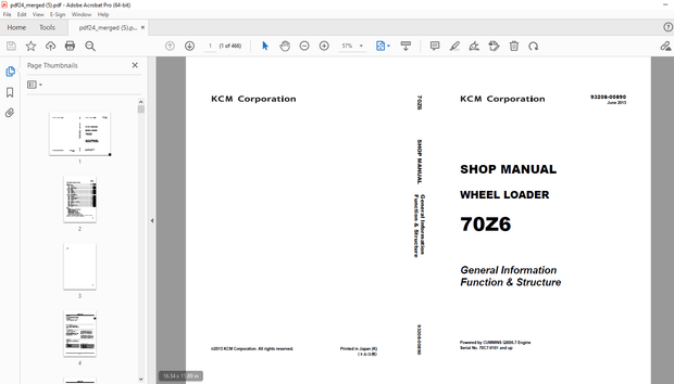 KCM 70Z6 WHEEL LOADER Serial No.70C7-0101 and up P.NO.93208-00831 Shop Manual - PDF DOWNLOAD