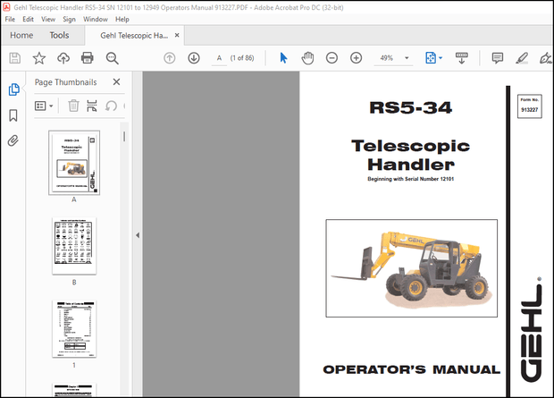 Gehl RS5-34 Telescopic Handler Operator&#x27;s Manual 913227 - PDF DOWNLOAD
