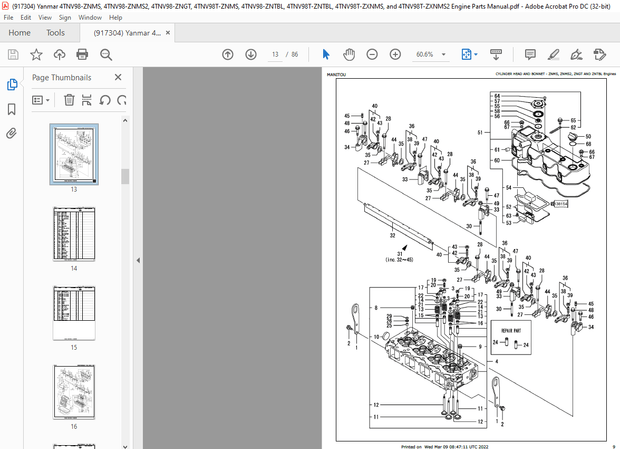 Yanmar 4TNV98-ZNMS 4TNV98-ZNMS2 4TNV98-ZNGT 4TNV98T-ZXNMS &amp; 4TNV98T-ZXNMS2 Part Manual 917304 PDF