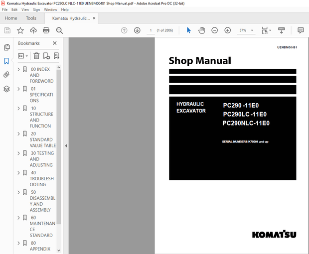 Komatsu PC290-11E0 PC290LC-11E0 PC290NLC-11E0 Hydraulic Excavator Shop Manual UENBM00481 – PDF 