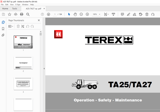 Terex TA25 TA27 Dump Truck Operation Safety Maintenance Manual PN 15274234 - PDF DOWNLOAD