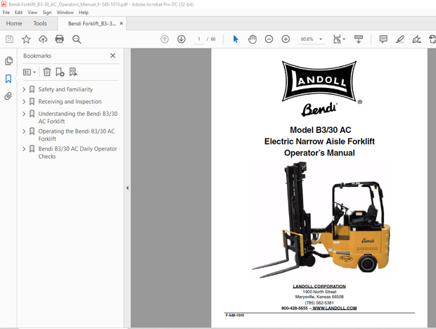 Bendi Landoll B330 AC Electric Narrow Aisle Forklift Operator’s Manual F-548-1010 – PDF DOWNLOAD