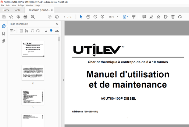 UTILEV UT80 100P DIESEL Chariot thermique de 8 à 10 tonnes Manuel d’utilisation PDF