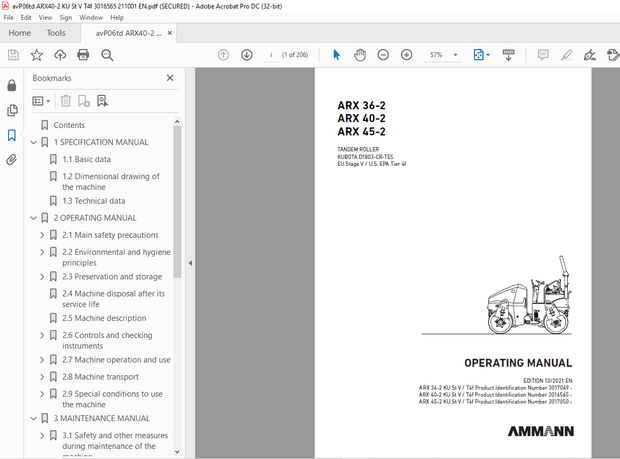 Ammann ARX 36-2 ARX 40-2 ARX 45-2 Tandem Roller Operating Manual - PDF