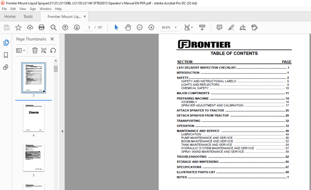 Frontier Mount Liquid SprayerLS1125 LS1130BL LS1130 LS1140 Operator’s Manual(5FT820015) – PDF 