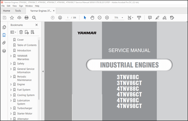 Yanmar Engines 3TNV88C, 3TNV86CT, 4TNV88C, 4TNV86CT, 4TNV98C, 4TNV98CT Service Manual 50950137B  PDF