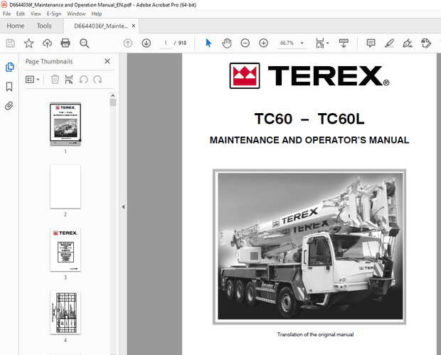 Terex Crane TC60-TC60L MAINTENANCE &amp; OPERATOR’S MANUAL – PDF DOWNLOAD