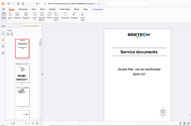 Seetech 6244-107 Double filter, can be back flushed Service documents Operating Manual - PDF 
