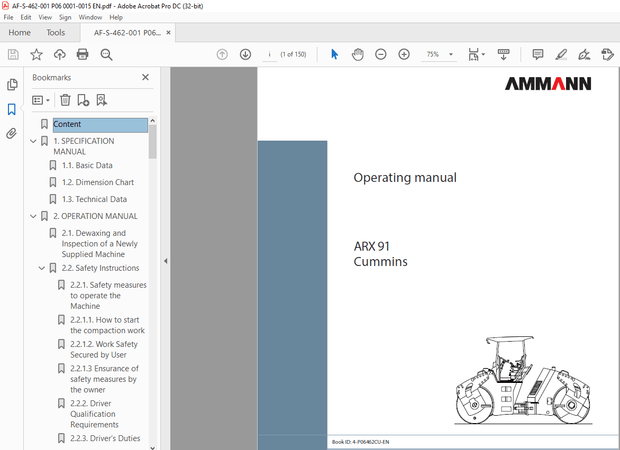 Ammann ARX 91 Tandem Roller Operating Manual 0001-0015 PDF