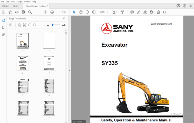 Sany Crawler Hydraulic Excavator SY335 Safety, Operation Maintenance Manual – PDF DOWNLOAD