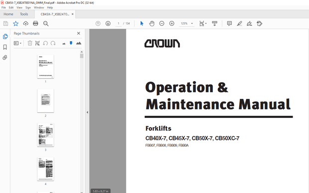 Crown Forklift CB40X-7, CB45X-7, CB50X-7, CB50XC-7 Operation &amp; Maintenance Manual –  PDF DOWNLOAD