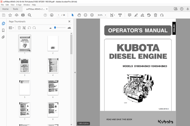 AMMANN KUBOTA D1803-M-DI-E3 V2403-M-DI-E3 OPERATOR’S MANUAL PDF