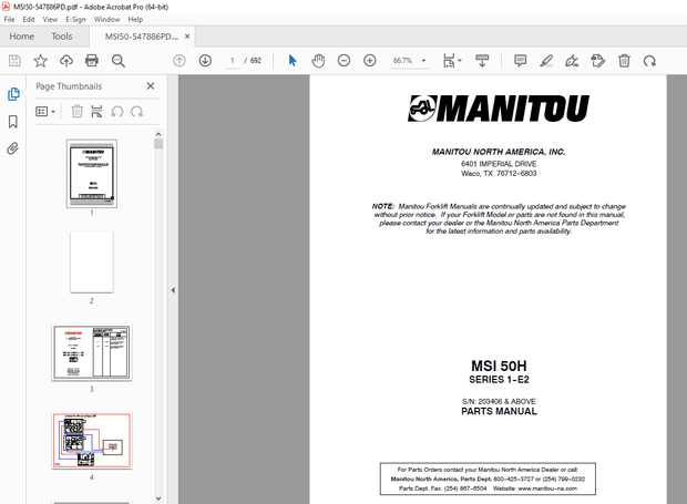 Manitou Forklift MSI 50H SERIES 1-E2 Parts Manual - PDF DOWNLOAD
