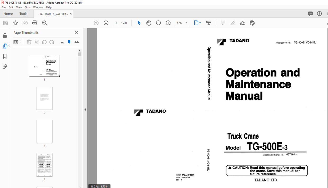 Tadano Forklift TG-500E-3 Operation and Maintenance Manual PDF